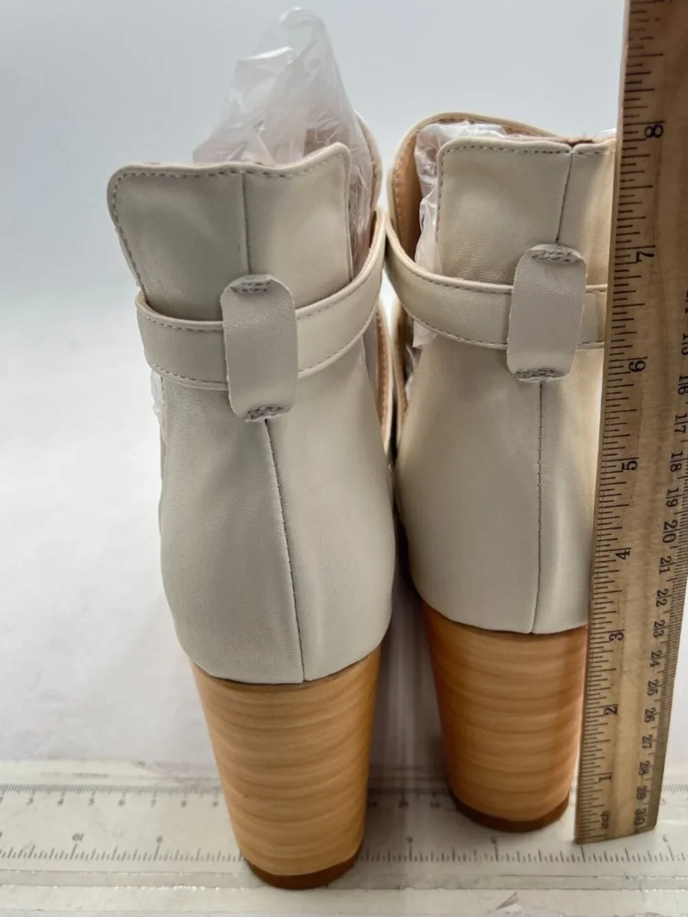 Beige Platform Rounded Toe Cutout Strap Buckle Cork Block High Heels Ankle Boot